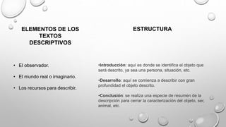 • El observador.
• El mundo real o imaginario.
• Los recursos para describir.
•Introducción: aquí es donde se identifica el objeto que
será descrito, ya sea una persona, situación, etc.
•Desarrollo: aquí se comienza a describir con gran
profundidad el objeto descrito.
•Conclusión: se realiza una especie de resumen de la
descripción para cerrar la caracterización del objeto, ser,
animal, etc.
ELEMENTOS DE LOS
TEXTOS
DESCRIPTIVOS
ESTRUCTURA
 
