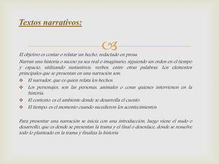 El objetivo es contar o relatar un hecho, redactado en prosa.
Narran una historia o suceso ya sea real o imaginario, siguiendo un orden en el tiempo
y espacio, utilizando sustantivos, verbos, entre otras palabras. Los elementos
principales que se presentan en una narración son:
 El narrador, que es quien relata los hechos.
 Los personajes, son las personas, animales o cosas quienes intervienen en la
historia.
 El contexto: es el ambiente donde se desarrolla el cuento.
 El tiempo: es el momento cuando sucedieron los acontecimientos.
Para presentar una narración se inicia con una introducción, luego viene el nudo o
desarrollo, que es donde se presentan la trama y el final o desenlace, donde se resuelve
todo lo planteado en la trama y finaliza la historia
Textos narrativos:
 