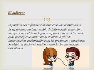 
El propósito es reproducir literalmente una conversación.
Es representar un intercambio de información entre dos o
más personas, utilizando guion (-) para indicar el turno de
cada participante junto con su nombre, signos de
interrogación, exclamación para las preguntas y emociones.
Su objeto es darle entonación y sentido de conversación
espontánea.
El diálogo:
 