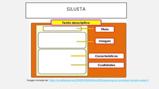 SILUETA
Imagen tomada de: https://es.slideshare.net/ZENITHPARRAPALLARES/presentacion-prototipo-textual-unidad-1
 