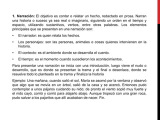 1. Narración: El objetivo es contar o relatar un hecho, redactado en prosa. Narran
una historia o suceso ya sea real o imaginario, siguiendo un orden en el tiempo y
espacio, utilizando sustantivos, verbos, entre otras palabras. Los elementos
principales que se presentan en una narración son:
• El narrador: es quien relata los hechos.
• Los personajes: son las personas, animales o cosas quienes intervienen en la
historia.
• El contexto: es el ambiente donde se desarrolla el cuento.
• El tiempo: es el momento cuando sucedieron los acontecimientos.
Para presentar una narración se inicia con una introducción, luego viene el nudo o
desarrollo, que es donde se presentan la trama y el final o desenlace, donde se
resuelve todo lo planteado en la trama y finaliza la historia
Ejemplo: Una mañana, cuando salió el sol, María se asomó por la ventana y observó
que algo que se movía en un árbol, salió de la casa y se acercó. Entonces pudo
contemplar a unos pájaros cuidando su nido; de pronto el viento sopló muy fuerte y
el nido cayó, corrió y corrió para atajarlo abajo. Aunque tropezó con una gran roca,
pudo salvar a los pajaritos que allí acababan de nacer. Fin.
 