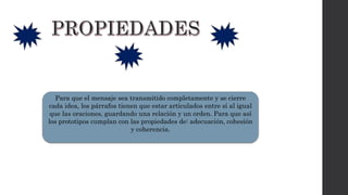 Para que el mensaje sea transmitido completamente y se cierre
cada idea, los párrafos tienen que estar articulados entre sí al igual
que las oraciones, guardando una relación y un orden. Para que así
los prototipos cumplan con las propiedades de: adecuación, cohesión
y coherencia.
 