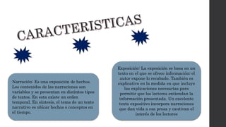 Narración: Es una exposición de hechos.
Los contenidos de las narraciones son
variables y se presentan en distintos tipos
de textos. En esta existe un orden
temporal. En síntesis, el tema de un texto
narrativo es ubicar hechos o conceptos en
el tiempo.
Exposición: La exposición se basa en un
texto en el que se ofrece información; el
autor expone lo recabado. También es
explicativo en la medida en que incluye
las explicaciones necesarias para
permitir que los lectores entiendan la
información presentada. Un excelente
texto expositivo incorpora narraciones
que dan vida a esa prosa y cautivan el
interés de los lectores
 