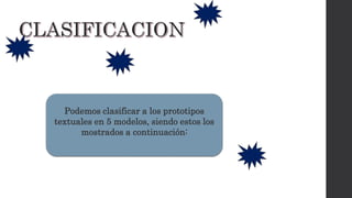 Podemos clasificar a los prototipos
textuales en 5 modelos, siendo estos los
mostrados a continuación:
 
