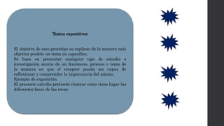Textos expositivos
El objetivo de este prototipo es explicar de la manera más
objetiva posible un tema en específico.
Se basa en presentar cualquier tipo de estudio o
investigación acerca de un fenómeno, proceso o tema de
la manera en que el receptor pueda ser capaz de
reflexionar y comprender la importancia del mismo.
Ejemplo de exposición
El presente estudio pretende ilustrar como tiene lugar las
diferentes fases de las rocas
 
