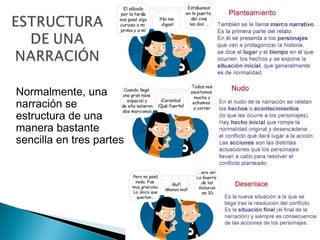 Normalmente, una
narración se
estructura de una
manera bastante
sencilla en tres partes
 
