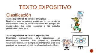 TEXTO EXPOSITIVO
Clasificación
Textos expositivos de carácter divulgativo
Destinados para un público amplio que no precisa de un
conocimiento previo de dicha información. Por ejemplo, las
enciclopedias, los textos escolares o los artículos
periodísticos, entre otros.
Textos expositivos de carácter especializado
Destinados principalmente para especialistas en
determinadas materias. Los contenidos contienen
vocabulario técnico, por ejemplo, las monografías o las tesis
académicas, los escritos jurídicos o los artículos científicos.
 