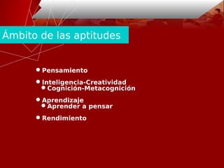 Ámbito de las aptitudes
Pensamiento
Inteligencia-Creatividad
Cognición-Metacognición
Aprendizaje
Aprender a pensar
Rendimiento
 