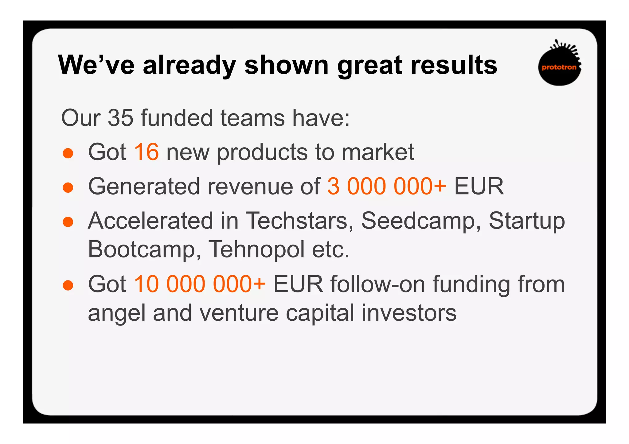 Our 35 funded teams have:
●  Got 16 new products to market
●  Generated revenue of 3 000 000+ EUR
●  Accelerated in Techstars, Seedcamp, Startup
Bootcamp, Tehnopol etc.
●  Got 10 000 000+ EUR follow-on funding from
angel and venture capital investors
We’ve already shown great results
 