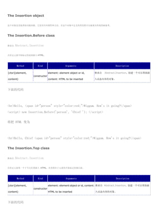 The Insertion object

这个对象是其他类似功能的根。它没有任何属性和方法。在这个对象中定义的类仍然可以被视为传统的抽象类。



The Insertion.Before class


继承自   Abstract.Insertion

在给定元素开始标记的前面插入 HTML。




       Method        Kind                     Arguments                         Description

[ctor](element,                 element: element object or id,   继承自    Abstract.Insertion. 创建一个可以帮助插
                  constructor
content)                        content: HTML to be inserted     入动态内容的对象。



下面的代码




<br>Hello, <span id="person" style="color:red;">Wiggum. How's it going?</span>
<script> new Insertion.Before('person', 'Chief '); </script>


将把 HTML 变为




<br>Hello, Chief <span id="person" style="color:red;">Wiggum. How's it going?</span>


The Insertion.Top class


继承自   Abstract.Insertion

在给定元素第一个子节点位置插入 HTML。内容将位于元素的开始标记的紧后面。




       Method        Kind                     Arguments                          Description

[ctor](element,                 element: element object or id, content: 继承自 Abstract.Insertion. 创建一个可以帮助插
                  constructor
content)                        HTML to be inserted               入动态内容的对象。



下面的代码
 