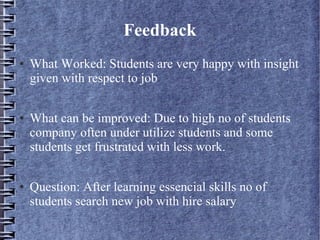 Feedback
● What Worked: Students are very happy with insight
given with respect to job
● What can be improved: Due to high no of students
company often under utilize students and some
students get frustrated with less work.
● Question: After learning essencial skills no of
students search new job with hire salary
 