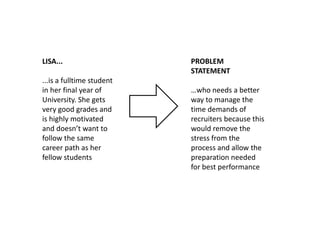 PROBLEM
STATEMENT
…who needs a better
way to manage the
time demands of
recruiters because this
would remove the
stress from the
process and allow the
preparation needed
for best performance
LISA...
...is a fulltime student
in her final year of
University. She gets
very good grades and
is highly motivated
and doesn’t want to
follow the same
career path as her
fellow students
 