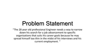 Problem Statement
“The 28 year old professional Engineer needs a way to narrow
down his search for a job advancement to specific
organizations that suits his career goals because he may
spread himself too thin in the midst of his interviews and his
current employment. “
 