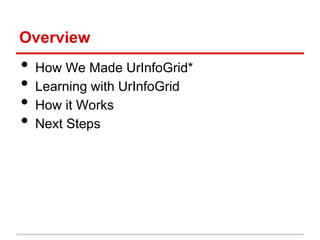 Overview
• How We Made UrInfoGrid*
• Learning with UrInfoGrid
• How it Works
• Next Steps
 