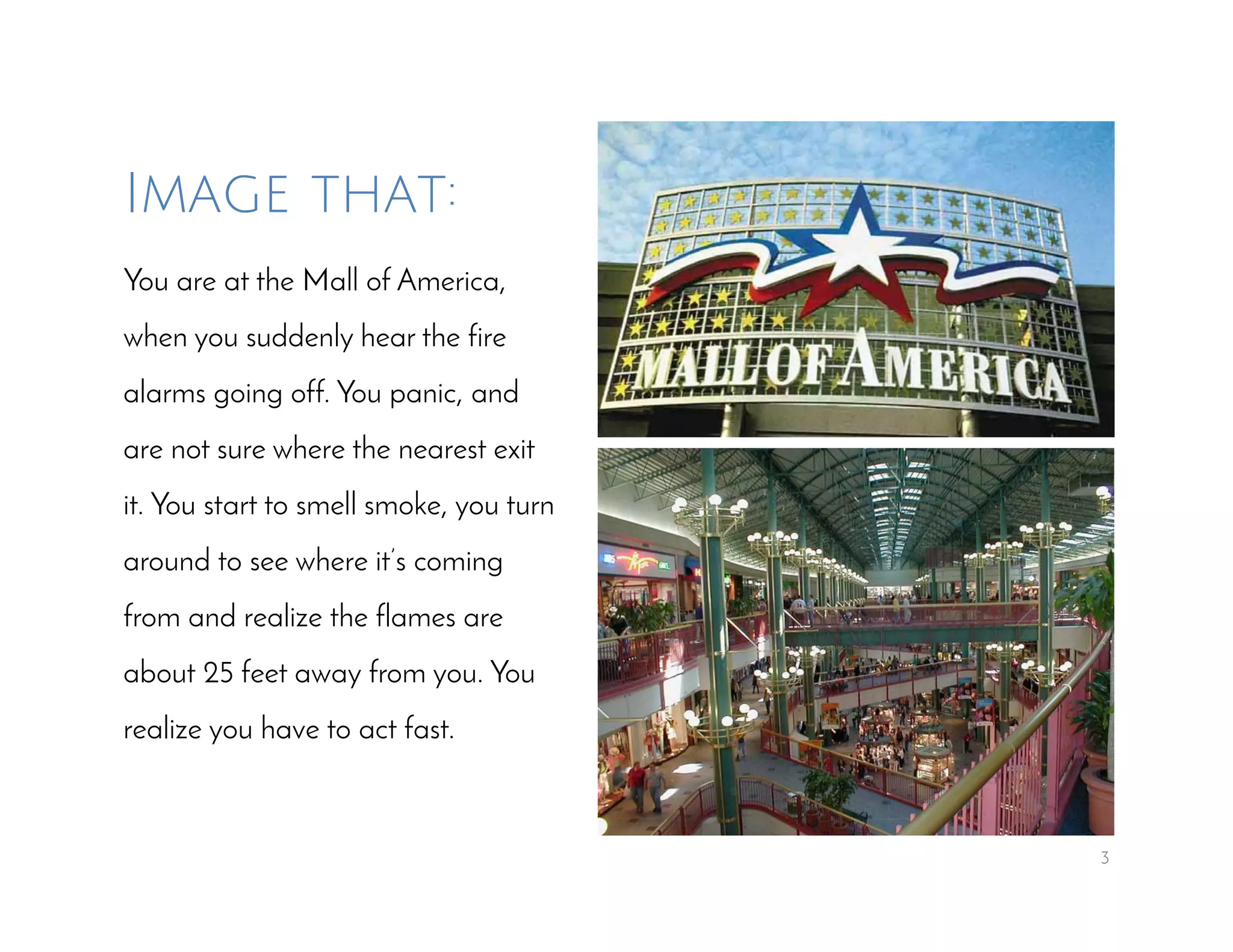 3
Image that:
You are at the Mall of America,
when you suddenly hear the fire
alarms going off. You panic, and
are not sure where the nearest exit
it. You start to smell smoke, you turn
around to see where it’s coming
from and realize the flames are
about 25 feet away from you. You
realize you have to act fast.
 