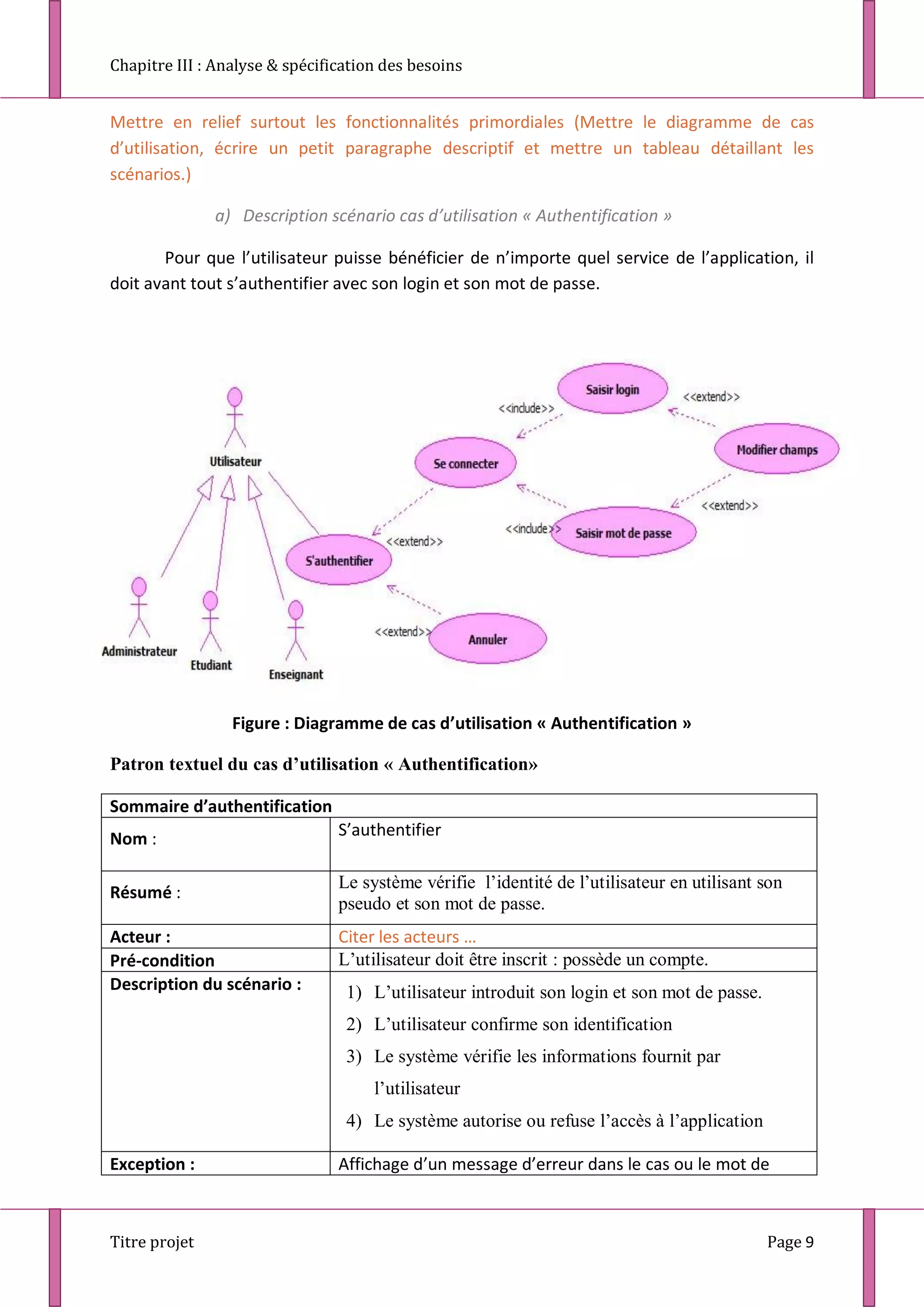 Chapitre III : Analyse & spécification des besoins
Titre projet Page 9
Mettre en relief surtout les fonctionnalités primordiales (Mettre le diagramme de cas
d’utilisation, écrire un petit paragraphe descriptif et mettre un tableau détaillant les
scénarios.)
a) Description scénario cas d’utilisation « Authentification »
Pour que l’utilisateur puisse bénéficier de n’importe quel service de l’application, il
doit avant tout s’authentifier avec son login et son mot de passe.
Figure : Diagramme de cas d’utilisation « Authentification »
Patron textuel du cas d’utilisation « Authentification»
Sommaire d’authentification
Nom : S’authentifier
Résumé :
Le système vérifie l’identité de l’utilisateur en utilisant son
pseudo et son mot de passe.
Acteur : Citer les acteurs …
Pré-condition L’utilisateur doit être inscrit : possède un compte.
Description du scénario : 1) L’utilisateur introduit son login et son mot de passe.
2) L’utilisateur confirme son identification
3) Le système vérifie les informations fournit par
l’utilisateur
4) Le système autorise ou refuse l’accès à l’application
Exception : Affichage d’un message d’erreur dans le cas ou le mot de
 
