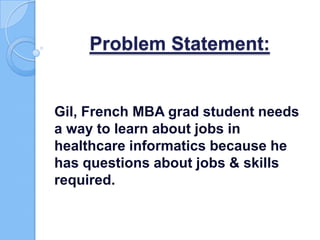 Problem Statement:
Gil, French MBA grad student needs
a way to learn about jobs in
healthcare informatics because he
has questions about jobs & skills
required.
 