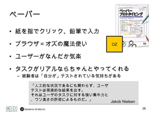 ペーパー 紙を指でクリック、鉛筆で入力 ブラウザ＝オズの魔法使い ユーザーがなんだか気楽 タスクがリアルならちゃんとやってくれる 被験者は「自分が」テストされている気持ちがある 「人工的な状況であるにも関わらず、ユーザテストは現実的な結果を出す。 それはユーザのタスクに対する強い集中力と、ウソ臭さの許容によるものだ。」 Jakob Nielsen OZ 