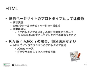 HTML 静的ページサイトのプロトタイプとしては優秀 高忠実度 CMS やツールでナビ／ページの一括生成 初動は遅い 「プロトタイプありき」の設計や実装でカバー？  ※ Adobe MAX でプレゼンしたのでお尋ねください RIA 系（ AJAX ）の場合、部分適用がよい IxEdit でインタラクションのプロトタイプ作成 JQuery ベース ブラウザ上からマウスで作成可能 