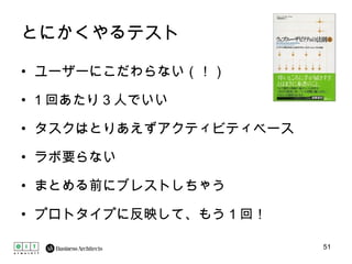 とにかくやるテスト ユーザーにこだわらない（！） 1 回あたり 3 人でいい タスクはとりあえずアクティビティベース ラボ要らない まとめる前にブレストしちゃう プロトタイプに反映して、もう 1 回！ 