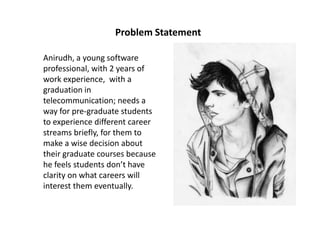 Problem Statement
Anirudh, a young software
professional, with 2 years of
work experience, with a
graduation in
telecommunication; needs a
way for pre-graduate students
to experience different career
streams briefly, for them to
make a wise decision about
their graduate courses because
he feels students don’t have
clarity on what careers will
interest them eventually.
 