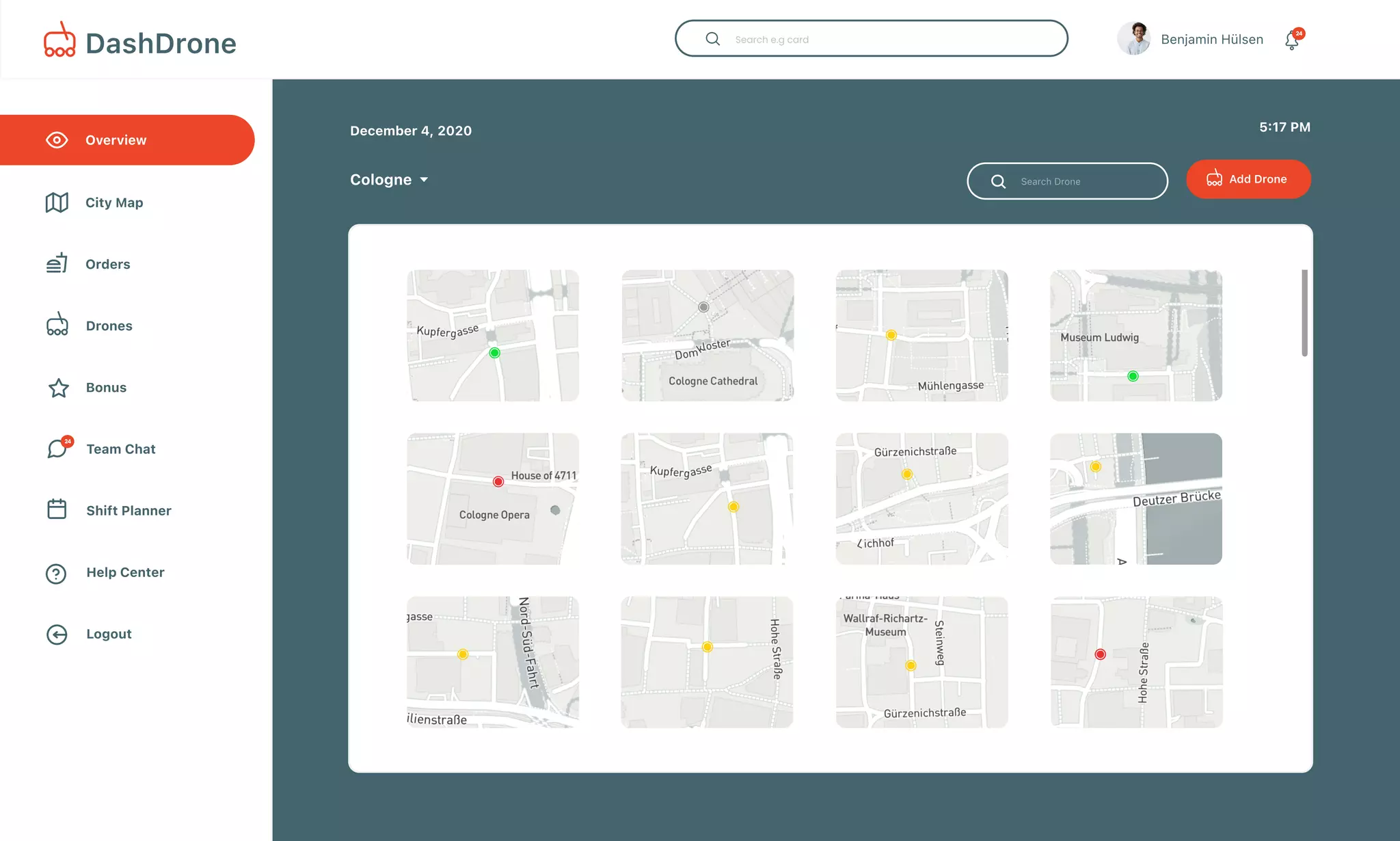 Overview
Bonus
Drones
Team Chat
Shift Planner
City Map
Help Center
Logout
Orders
December 4, 2020
Cologne Add Drone
5:17 PM
Benjamin Hülsen 24
DashDrone
24
 