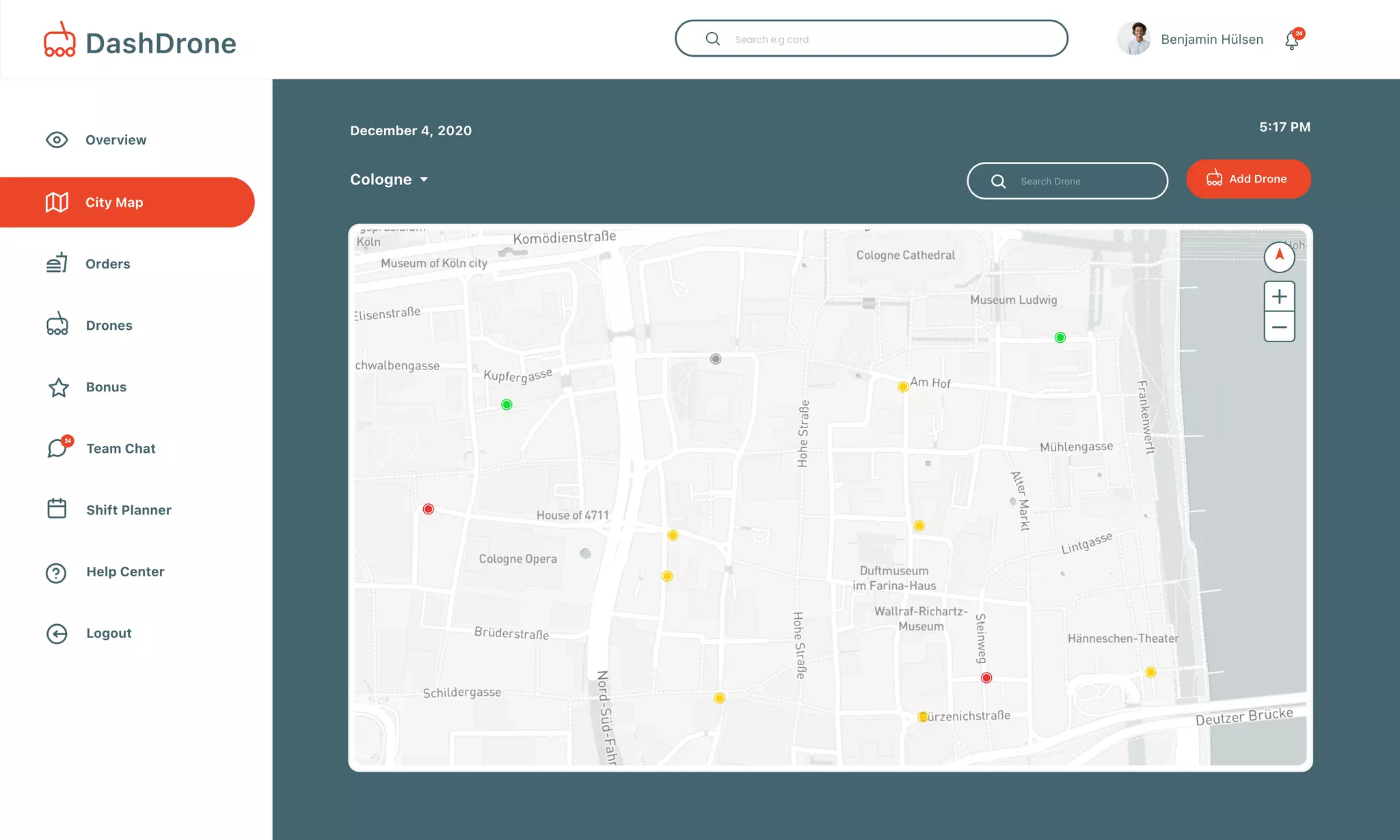 Overview
Bonus
Drones
Team Chat
Shift Planner
City Map
Help Center
Logout
Orders
December 4, 2020
Cologne Add Drone
5:17 PM
Benjamin Hülsen 24
DashDrone
24
 
