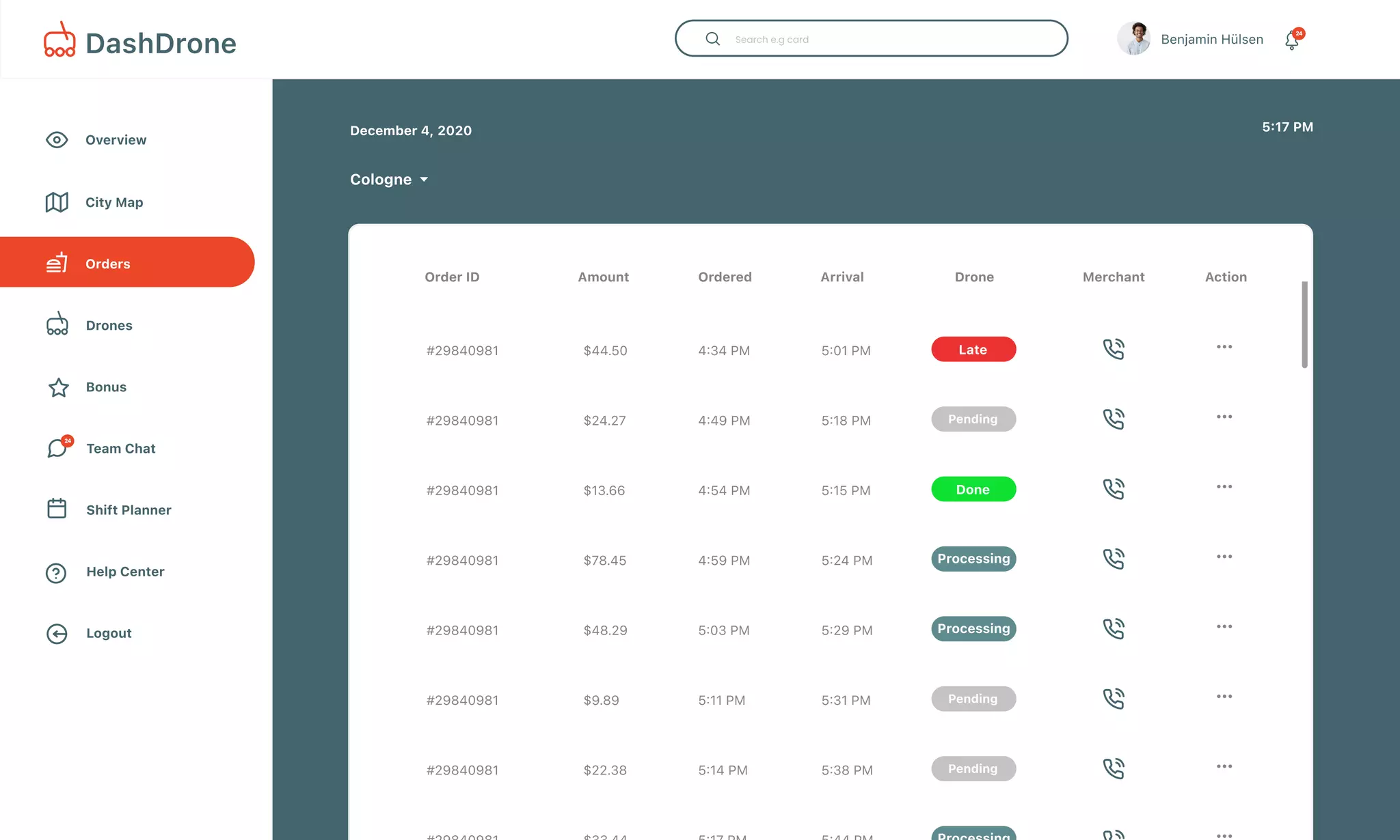 Overview
Bonus
Drones
Team Chat
Shift Planner
City Map
Help Center
Logout
Orders
December 4, 2020
Cologne
5:17 PM
Benjamin Hülsen 24
DashDrone
24
Order ID Amount Arrival DroneOrdered Merchant Action
Done
#29840981 4:34 PM$44.50 5:01 PM
Pending
Pending
Pending
#29840981 4:49 PM$24.27 5:18 PM
Processing
Processing
#29840981 4:54 PM$13.66 5:15 PM
#29840981 4:59 PM$78.45 5:24 PM
#29840981 5:03 PM$48.29 5:29 PM
Late
#29840981 5:11 PM$9.89 5:31 PM
#29840981 5:14 PM$22.38 5:38 PM
 