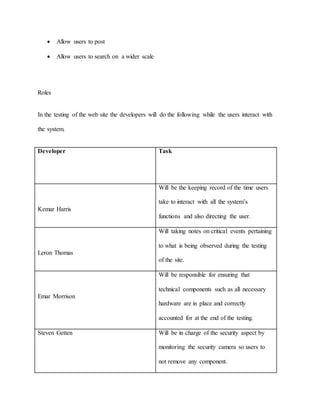  Allow users to post 
 Allow users to search on a wider scale 
Roles 
In the testing of the web site the developers will do the following while the users interact with 
the system. 
Developer 
Task 
Kemar Harris 
Will be the keeping record of the time users 
take to interact with all the system’s 
functions and also directing the user. 
Leron Thomas 
Will taking notes on critical events pertaining 
to what is being observed during the testing 
of the site. 
Emar Morrison 
Will be responsible for ensuring that 
technical components such as all necessary 
hardware are in place and correctly 
accounted for at the end of the testing. 
Steven Getten Will be in charge of the security aspect by 
monitoring the security camera so users to 
not remove any component. 
 