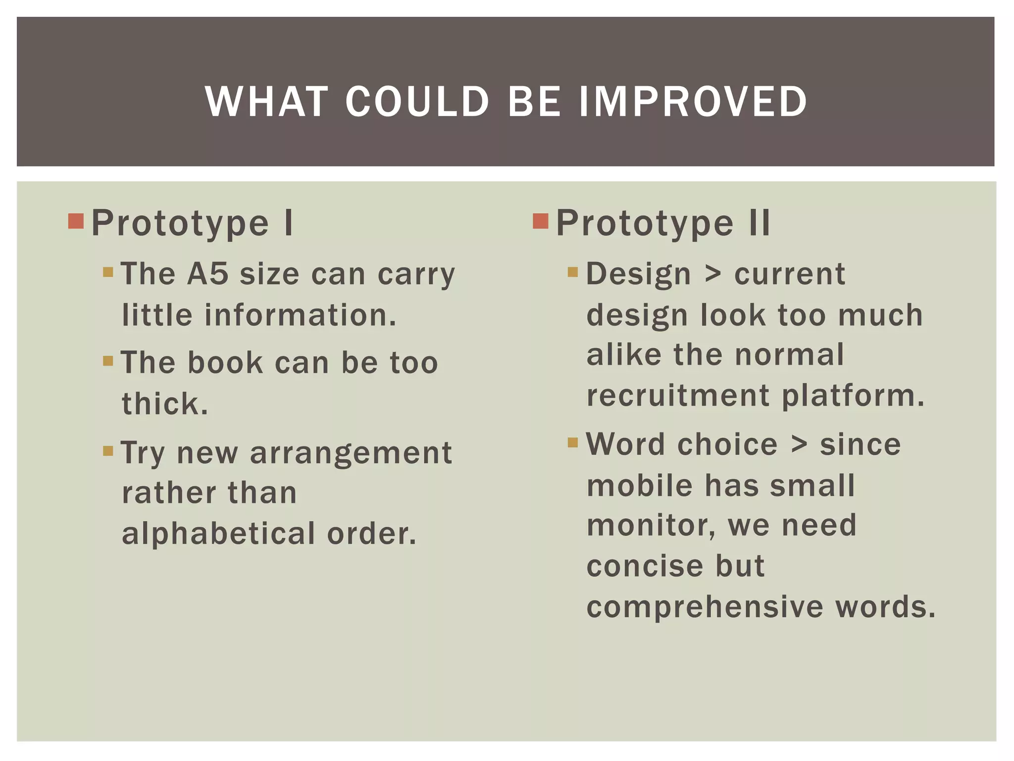 ¡ Prototype I
§ The A5 size can carry
little information.
§ The book can be too
thick.
§ Try new arrangement
rather than
alphabetical order.
¡ Prototype II
§ Design > current
design look too much
alike the normal
recruitment platform.
§ Word choice > since
mobile has small
monitor, we need
concise but
comprehensive words.
WHAT COULD BE IMPROVED
 