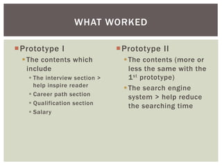 ¡ Prototype I
§ The contents which
include
§ The interview section >
help inspire reader
§ Career path section
§ Qualification section
§ Salary
¡ Prototype II
§ The contents (more or
less the same with the
1st prototype)
§ The search engine
system > help reduce
the searching time
WHAT WORKED
 
