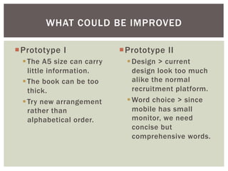 ¡ Prototype I
§ The A5 size can carry
little information.
§ The book can be too
thick.
§ Try new arrangement
rather than
alphabetical order.
¡ Prototype II
§ Design > current
design look too much
alike the normal
recruitment platform.
§ Word choice > since
mobile has small
monitor, we need
concise but
comprehensive words.
WHAT COULD BE IMPROVED
 