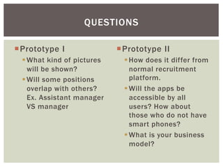 ¡ Prototype I
§ What kind of pictures
will be shown?
§ Will some positions
overlap with others?
Ex. Assistant manager
VS manager
¡ Prototype II
§ How does it differ from
normal recruitment
platform.
§ Will the apps be
accessible by all
users? How about
those who do not have
smart phones?
§ What is your business
model?
QUESTIONS
 