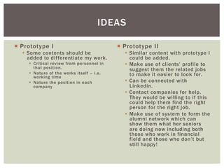 ¡  Prototype I
§  Some contents should be
added to differentiate my work.
§  Critical review from personnel in
that position.
§  Nature of the works itself – i.e.
working time
§  Nature the position in each
company
¡  Prototype II
§  Similar content with prototype I
could be added.
§  Make use of clients’ profile to
suggest them the related jobs
to make it easier to look for.
§  Can be connected with
Linkedin.
§  Contact companies for help.
They would be willing to if this
could help them find the right
person for the right job.
§  Make use of system to form the
alumni network which can
show them what her seniors
are doing now including both
those who work in financial
field and those who don’t but
still happy!
IDEAS
 