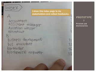 Printed job
dictionaries
PROTOTYPE
I
I show this index page to my
stakeholders and collect feedbacks.
 