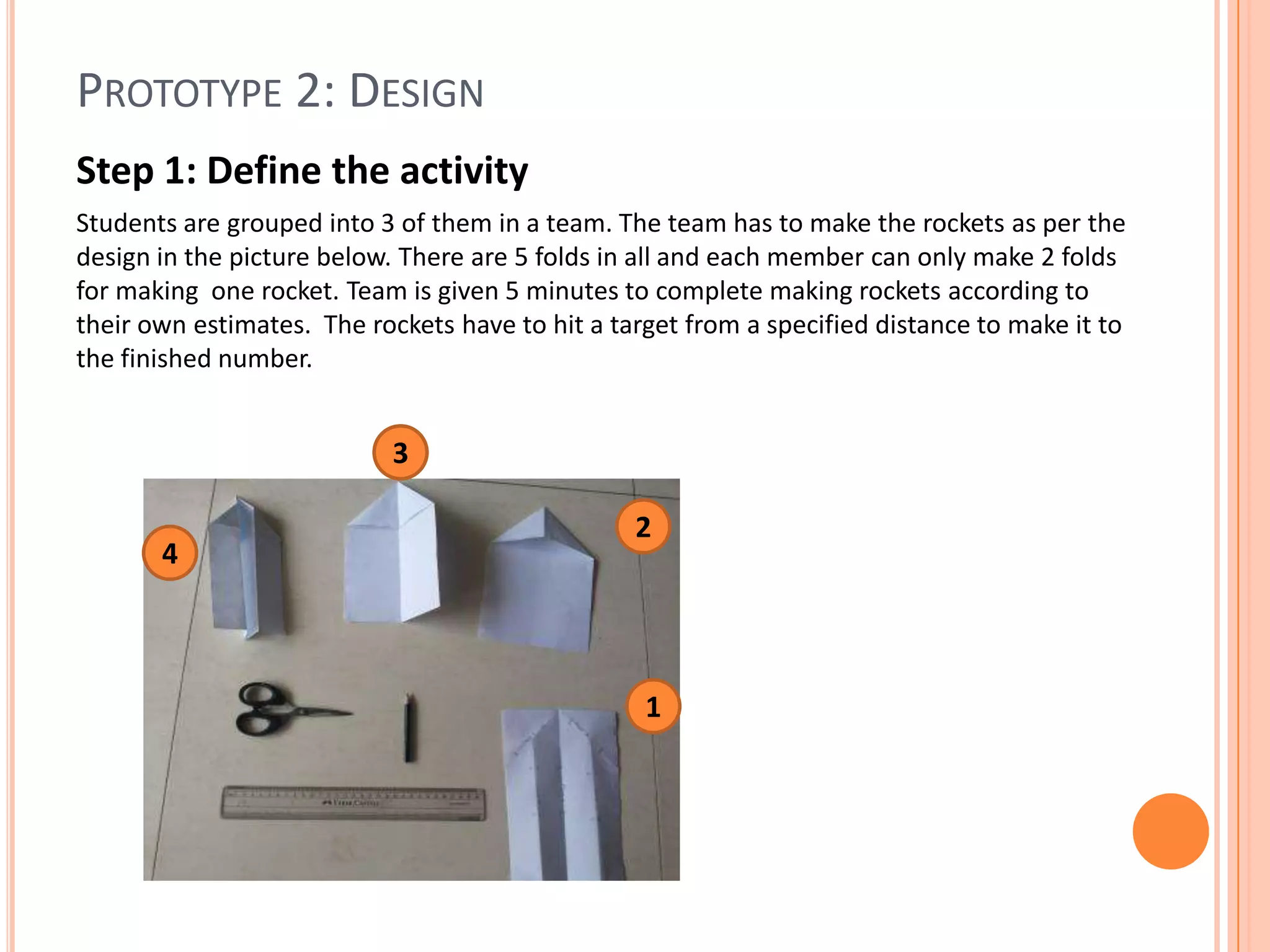 PROTOTYPE 2: DESIGN
Step 1: Define the activity
Students are grouped into 3 of them in a team. The team has to make the rockets as per the
design in the picture below. There are 5 folds in all and each member can only make 2 folds
for making one rocket. Team is given 5 minutes to complete making rockets according to
their own estimates. The rockets have to hit a target from a specified distance to make it to
the finished number.
1
2
3
4
 