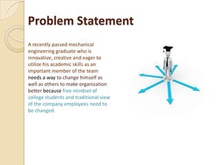Problem Statement
A recently passed mechanical
engineering graduate who is
innovative, creative and eager to
utilize his academic skills as an
important member of the team
needs a way to change himself as
well as others to make organization
better because free mindset of
college students and traditional view
of the company employees need to
be changed.
 