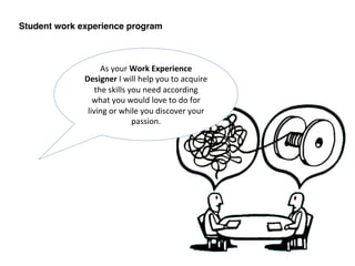 Student work experience program!
As	
  your	
  Work	
  Experience	
  
Designer	
  I	
  will	
  help	
  you	
  to	
  acquire	
  
the	
  skills	
  you	
  need	
  according	
  
what	
  you	
  would	
  love	
  to	
  do	
  for	
  
living	
  or	
  while	
  you	
  discover	
  your	
  
passion.	
  
 