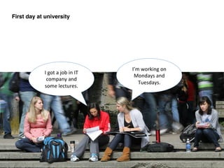 I	
  got	
  a	
  job	
  in	
  IT	
  
company	
  and	
  
some	
  lectures.	
  
First day at university!
I’m	
  working	
  on	
  
Mondays	
  and	
  
Tuesdays.	
  
 