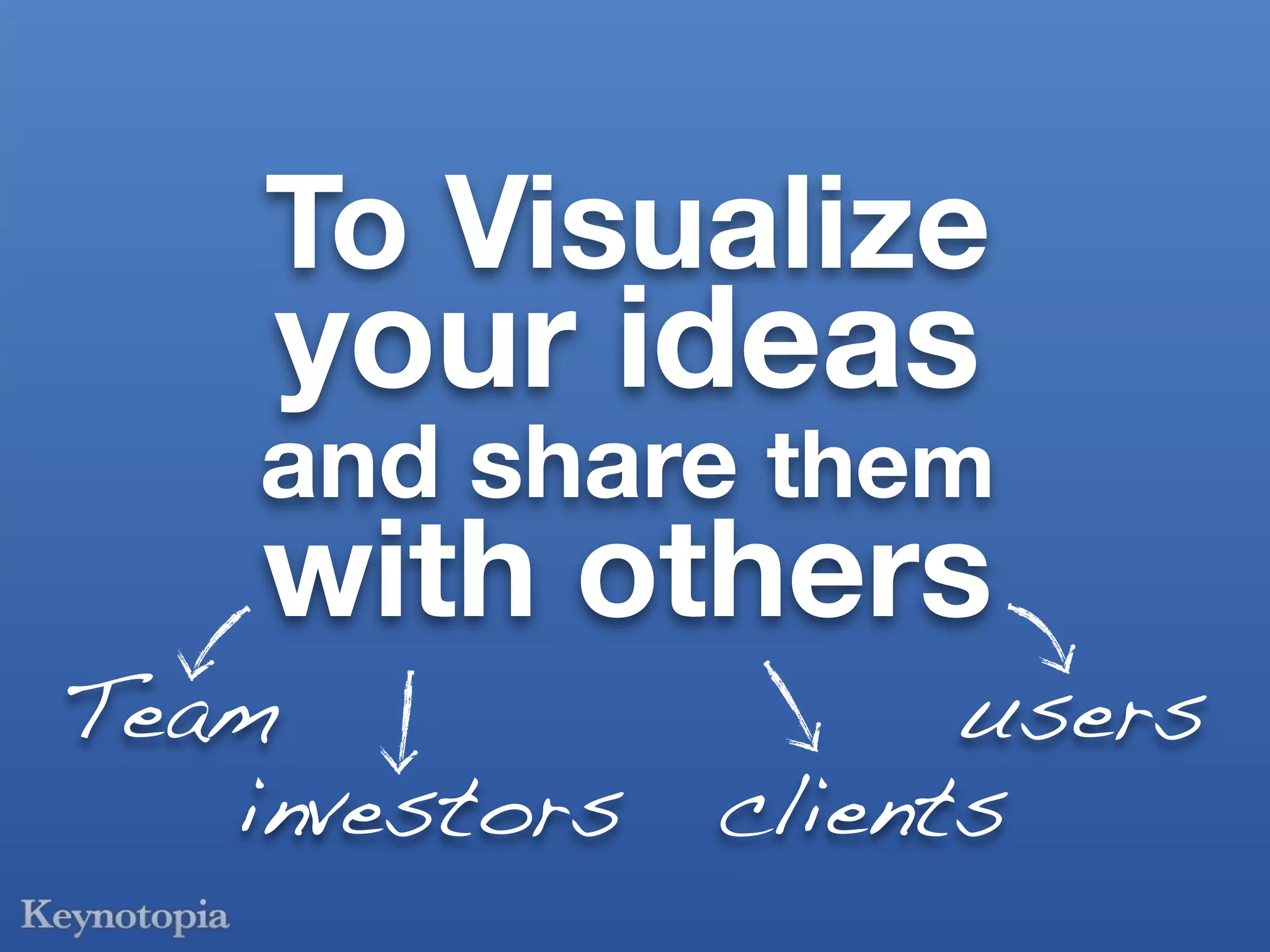 To Visualize
    your ideas
    and share them
    with others
Team                 users
   investors   clients
 