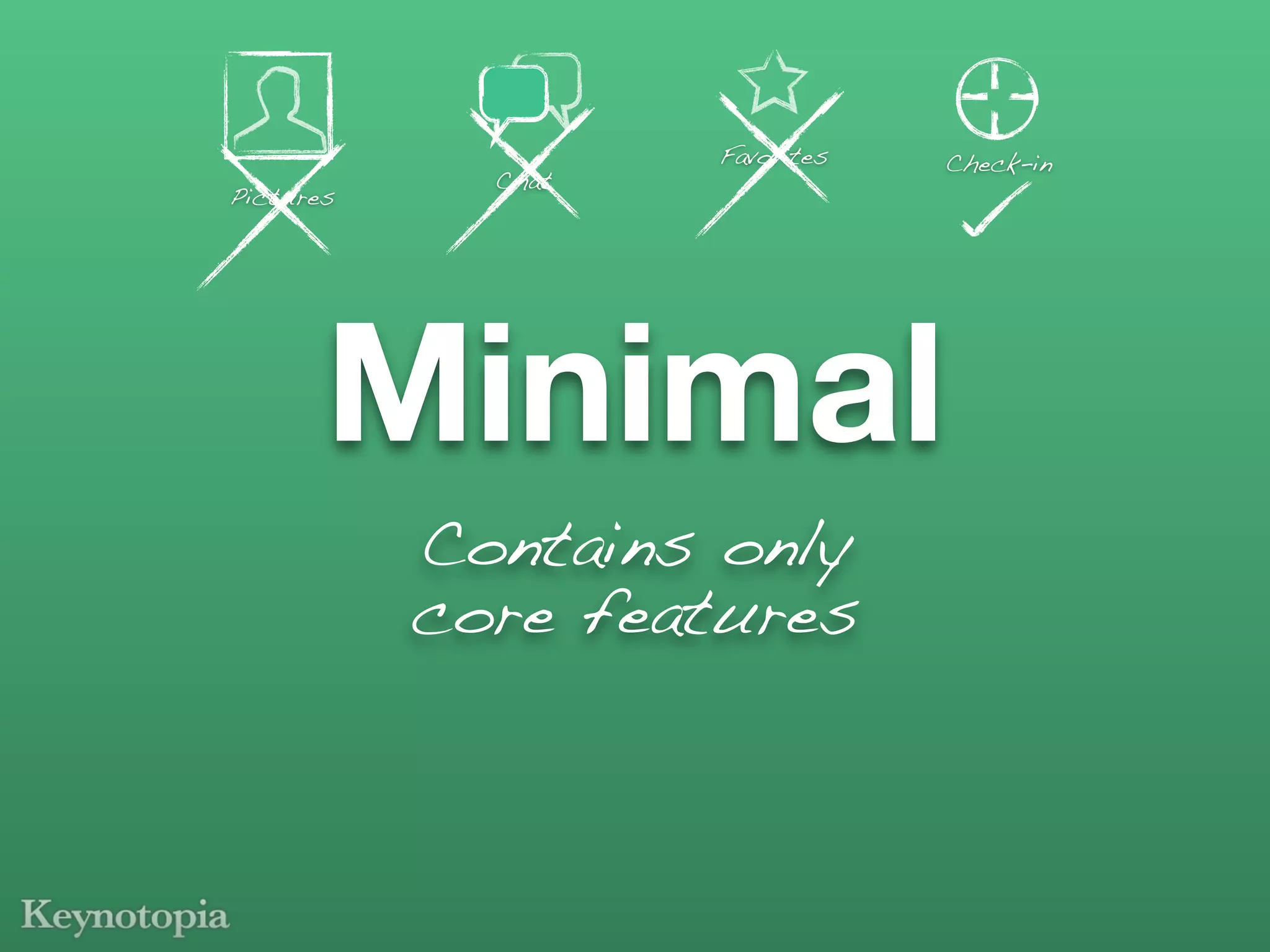 Favorites   Check-in
             Chat
Pictures




       Minimal
           Contains only
           core features
 