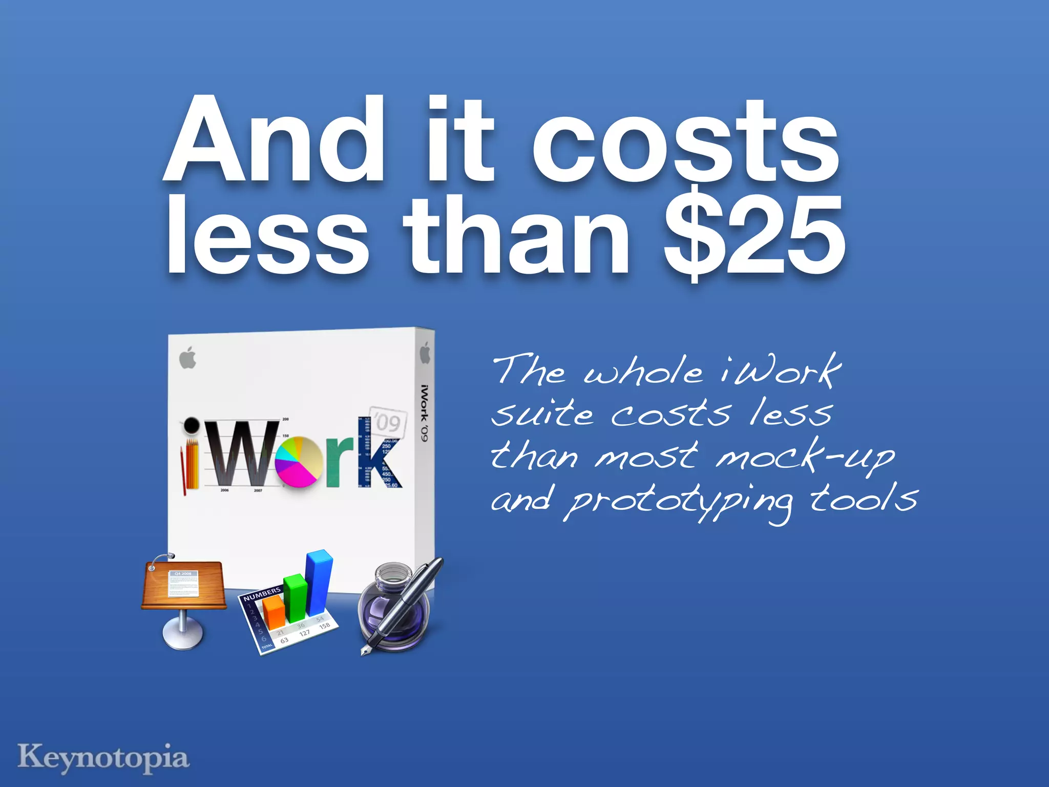 And it costs
less than $25
      The whole iWork
      suite costs less
      than most mock-up
      and prototyping tools
 