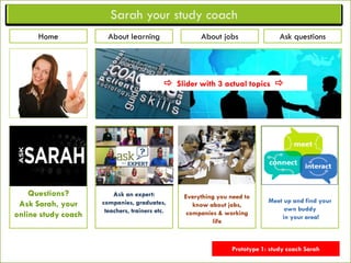 Ask an expert:Ask an expert:
companies, graduates,companies, graduates,
teachers, trainers etc.teachers, trainers etc.
Slider with 3 actual topics
Meet the study
coach
(explanation goals
community)
Home Ask questionsAbout jobsAbout learning
Questions?Questions?
Ask Sarah, yourAsk Sarah, your
online study coachonline study coach
Everything you need toEverything you need to
know about jobs,know about jobs,
companies & workingcompanies & working
lifelife
Meet up and find yourMeet up and find your
own buddyown buddy
in your area!in your area!
Prototype 1: study coach Sarah
 Slider with 3 actual topicsSlider with 3 actual topics 
 