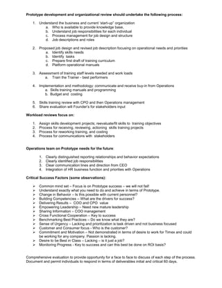 Prototype development and organizational review should undertake the following process:

    1. Understand the business and current ‘start-up” organization
          a. Who is available to provide knowledge base,
          b. Understand job responsibilities for each individual
          c. Process management for job design and structure
          d. Job descriptions and roles

    2. Proposed job design and revised job description focusing on operational needs and priorities
          a. Identify skills needs
          b. Identify tasks
          c. Prepare first draft of training curriculum
          d. Platform operational manuals

    3. Assessment of training staff levels needed and work loads
          a. Train the Trainer - best performers

    4. Implementation and methodology: communicate and receive buy-in from Operations
          a. Skills training manuals and programming
          b. Budget and costing

    5. Skills training review with CPO and then Operations management
    6. Share evaluation will Founder’s for stakeholders input

Workload reviews focus on:

    1.   Assign skills development projects; reevaluate/fit skills to training objectives
    2.   Process for receiving, reviewing, actioning skills training projects
    3.   Process for reworking training, and costing
    4.   Process for communications with stakeholders


Operations team on Prototype needs for the future:

         1.   Clearly distinguished reporting relationships and behavior expectations
         2.   Clearly identified job responsibilities
         3.   Clear communication lines and direction from CEO
         4.   Integration of HR business function and priorities with Operations

Critical Success Factors (some observations):

        Common mind set – Focus is on Prototype success – we will not fail!
        Understand exactly what you need to do and achieve in terms of Prototype.
        Change in Behavior – Is this possible with current personnel?
        Building Competencies – What are the drivers for success?
        Delivering Results – COO and CPO value
        Empowering Leadership – Need new mature leadership
        Sharing Information – COO management
        Cross Functional Cooperation – Key to success
        Benchmarking Best Practices – Do we know what they are?
        Sense of Urgency – Lacking and prioritization is task driven and not business focused
        Customer and Consumer focus - Who is the customer?
        Commitment and Motivation – Not demonstrated in terms of desire to work for Timex and could
         be working for any company. Passion is lacking.
        Desire to be Best in Class – Lacking – is it just a job?
        Monitoring Progress - Key to success and can this best be done on ROI basis?


Comprehensive evaluation to provide opportunity for a face to face to discuss of each step of the process.
Document and permit individuals to respond in terms of deliverables initial and critical 60 days.
 