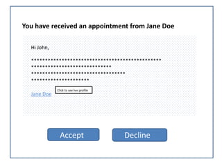 You have received an appointment from Jane Doe
Hi John,
***********************************************
*****************************
**********************************
*********************
Jane Doe
Click to see her profile
Accept Decline
 