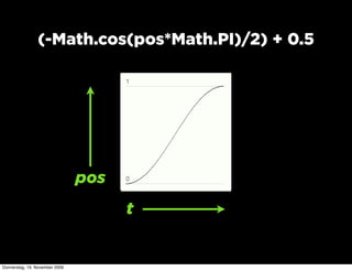 (-Math.cos(pos*Math.PI)/2) + 0.5




                                pos
                                      t


Donnerstag, 19. November 2009
 