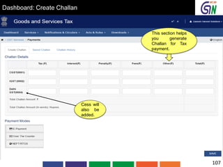 Dashboard: Create Challan
This section helps
you generate
Challan for Tax
payment.
Cess will
also be
added.
107
 