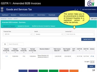 GSTR 1 : Amended B2B Invoices
This section helps you to
do amendments to details
of Outward Supplies to a
registered person of
earlier tax periods.
14
 
