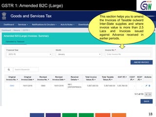 GSTR 1: Amended B2C (Large)
This section helps you to amend
the Invoices of Taxable outward
Inter-State supplies and where
invoice value is more than 2.5
Lacs and Invoices issued
against Advance received in
earlier periods.
18
 