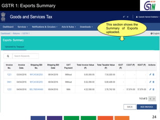 GSTR 1: Exports Summary
This section shows the
Summary of Exports
uploaded.
24
 